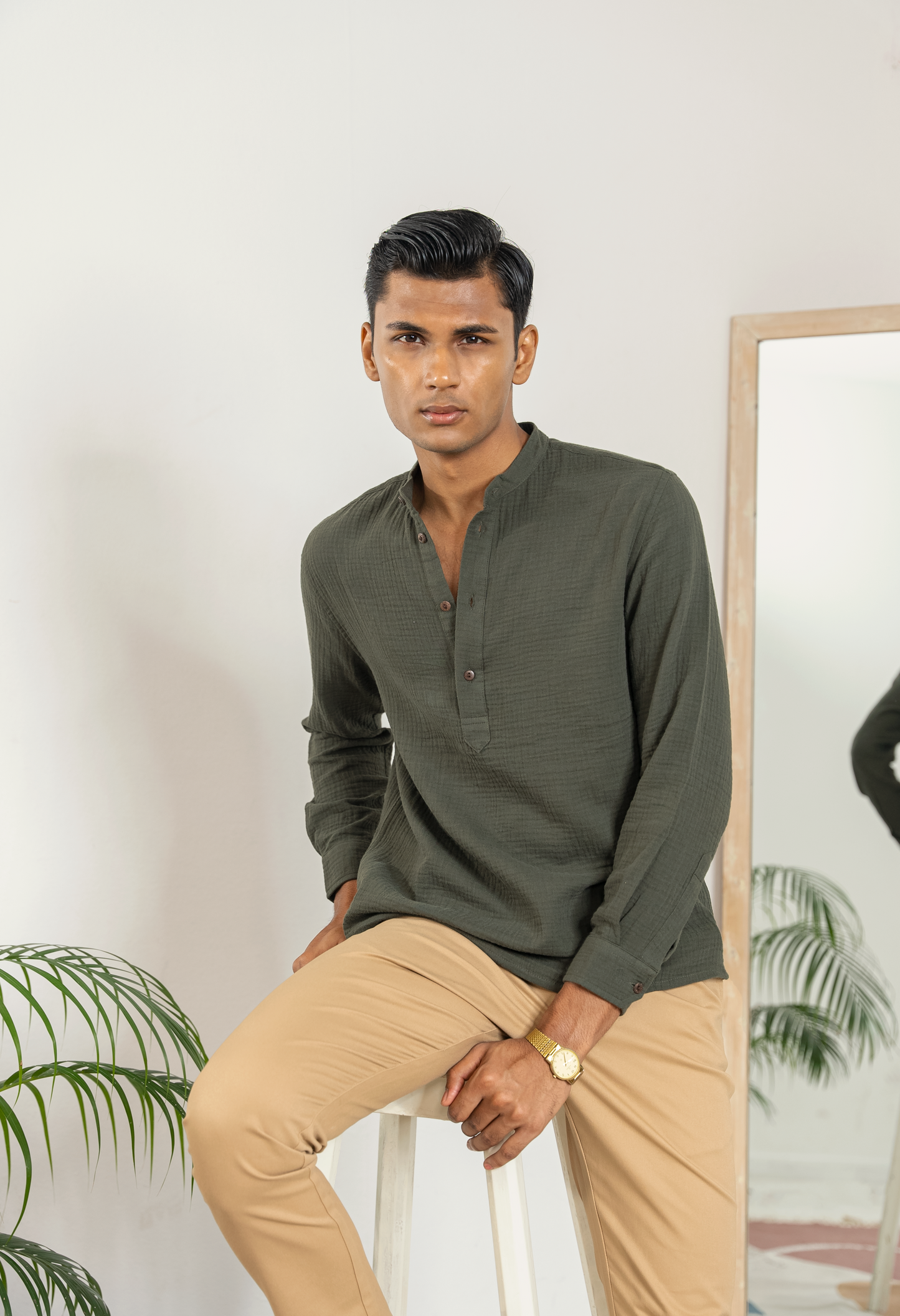 Waffle Henley for Men - Seaweed Green