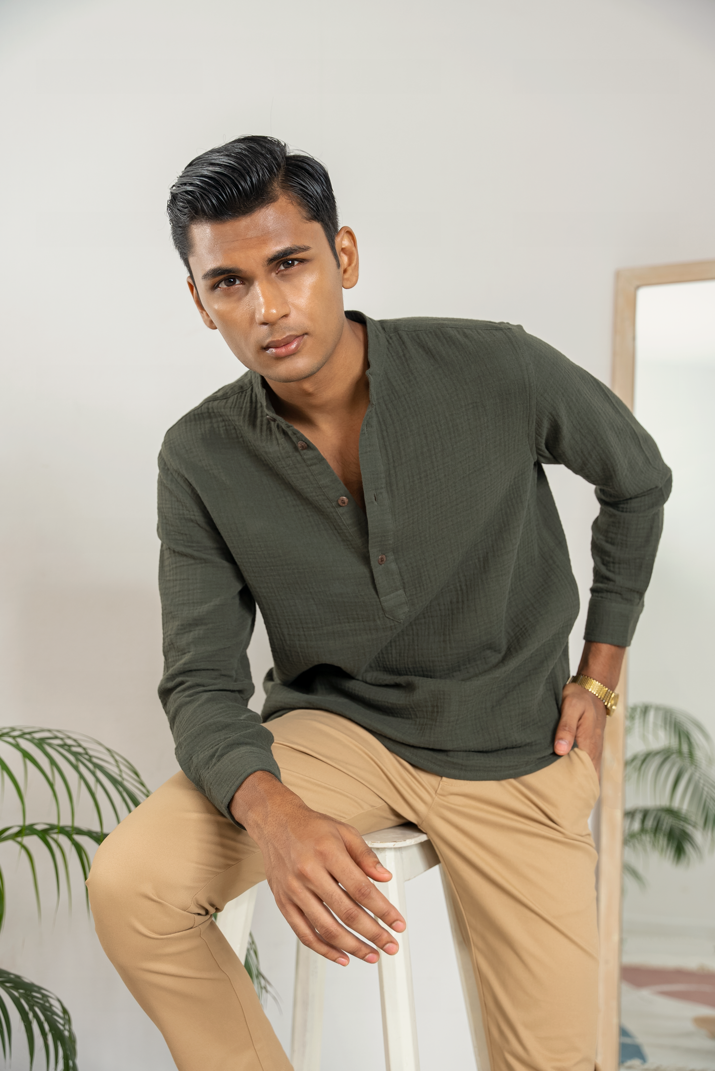Waffle Henley for Men - Seaweed Green