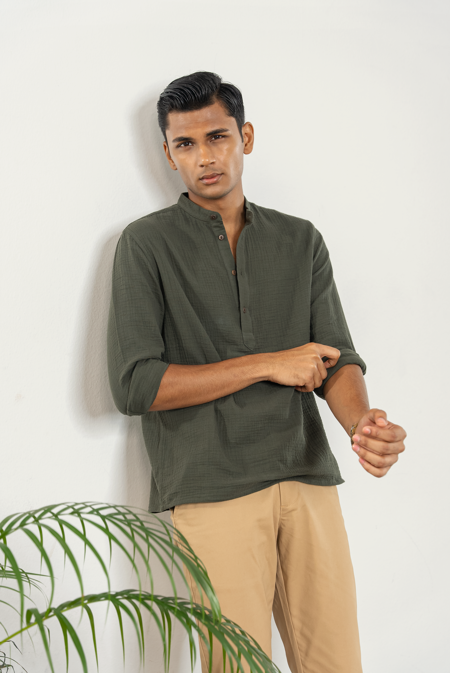 Waffle Henley for Men - Seaweed Green