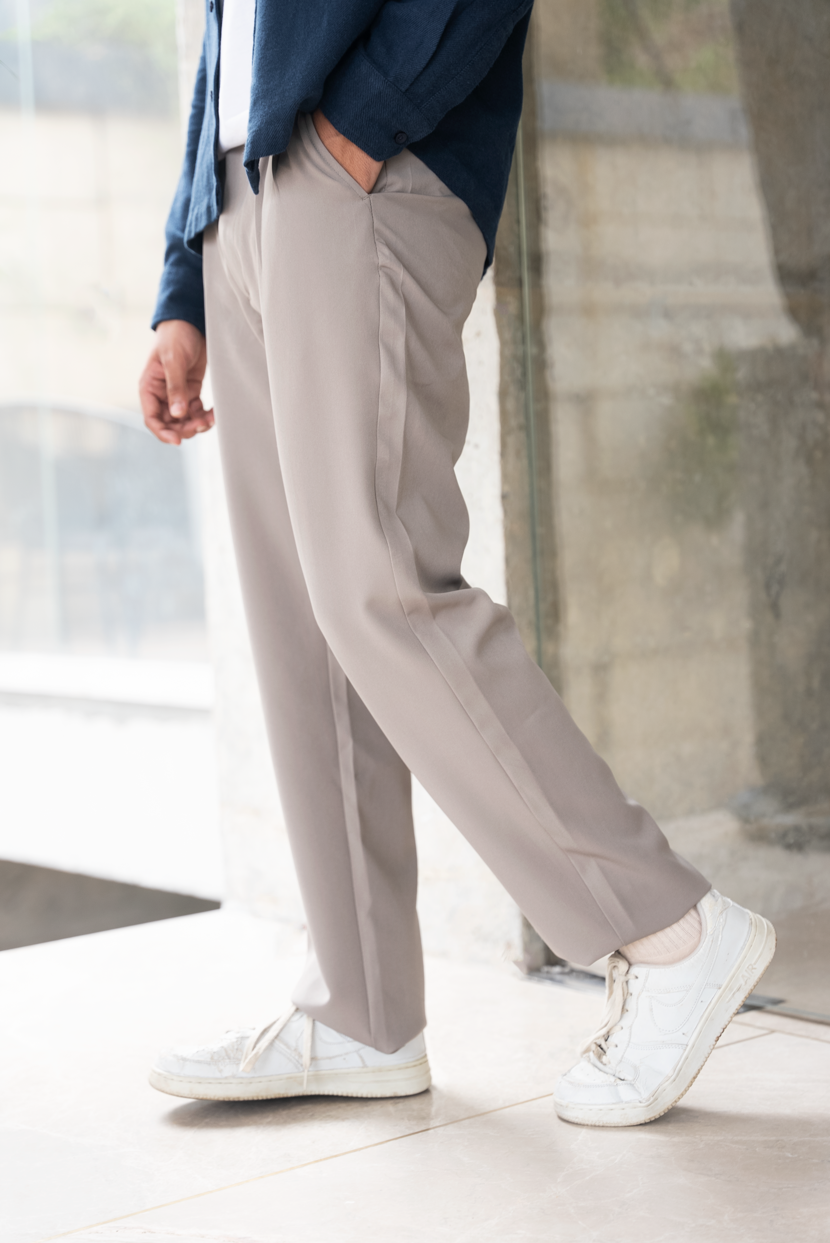 Pleated Straight Leg Pants For Men - Ash - Loose Fit