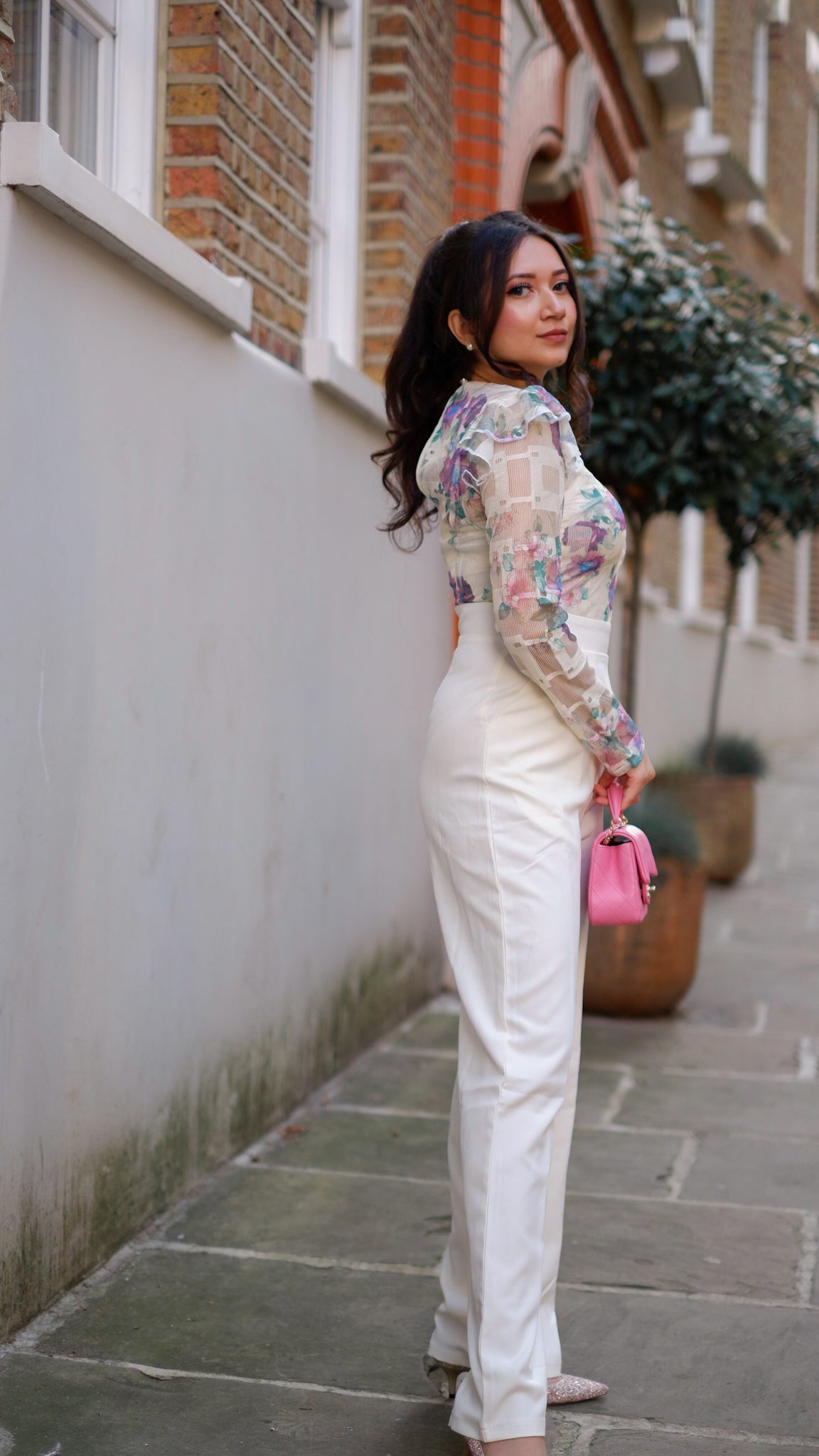 Halo - Off White Mesh Jumpsuit with Ruffle Shoulders