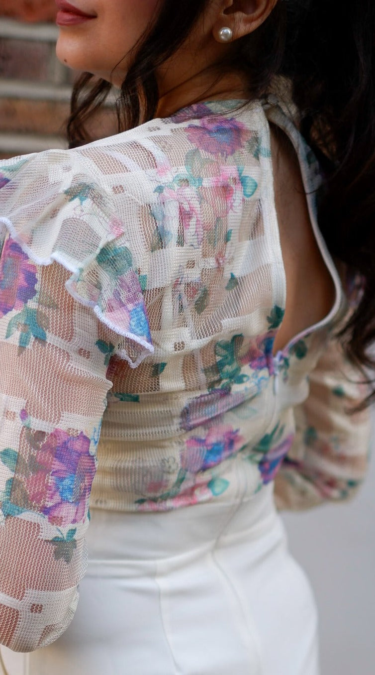 Halo - Off White Mesh Jumpsuit with Ruffle Shoulders