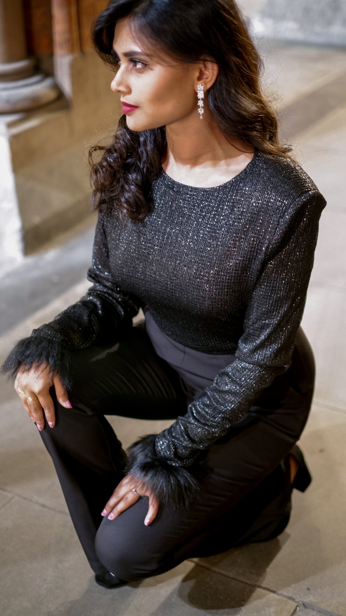 Stardust - Black Jumpsuit with Faux Fur Cuff