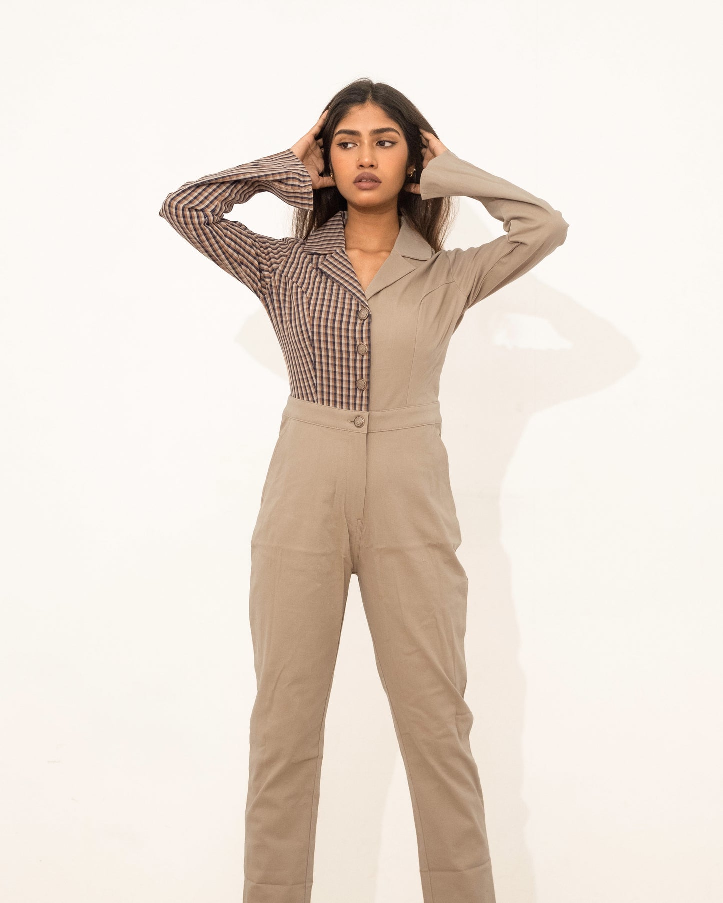 Maverick - Mix of Beige & Brown Plaid- Jumpsuit