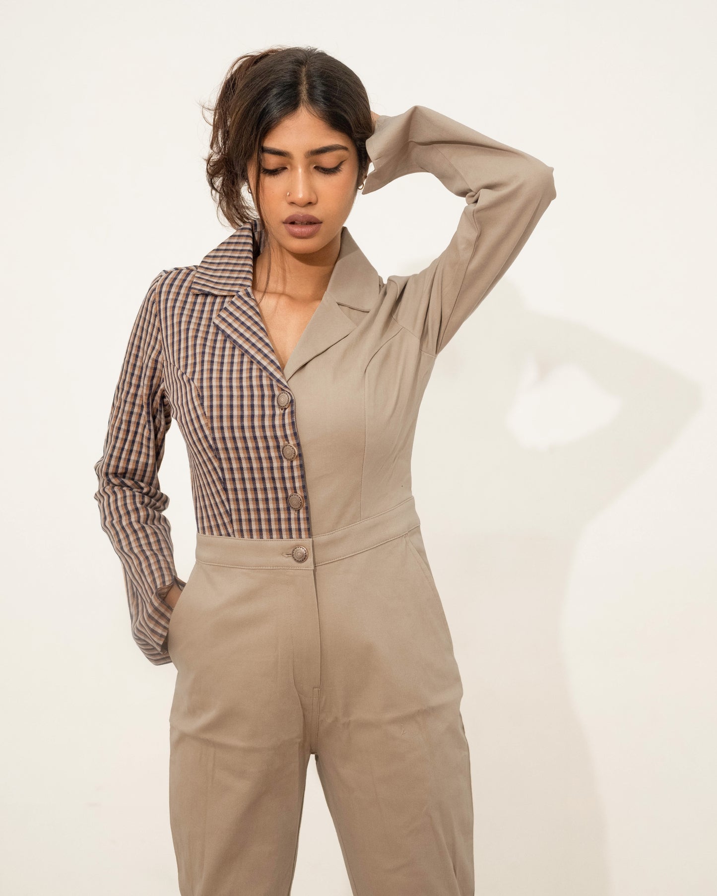Maverick - Mix of Beige & Brown Plaid- Jumpsuit