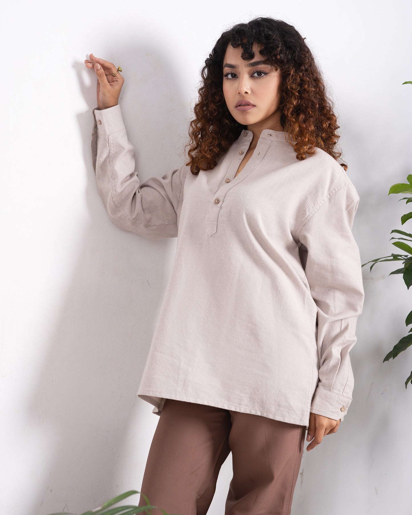 Linen Henley - Unisex - Sand Stripe