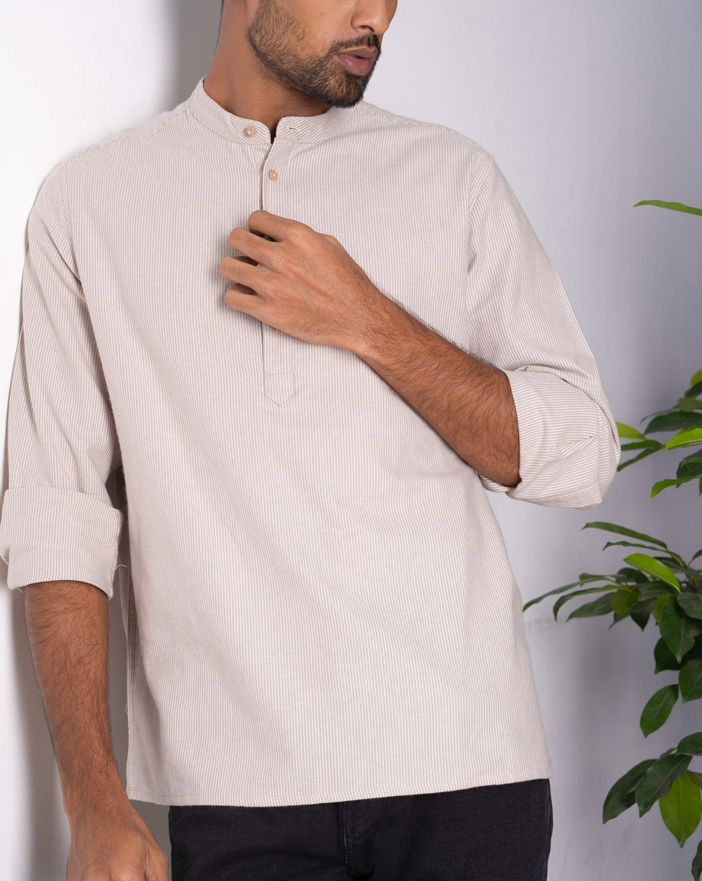 Linen Henley for Men - Sand Stripe