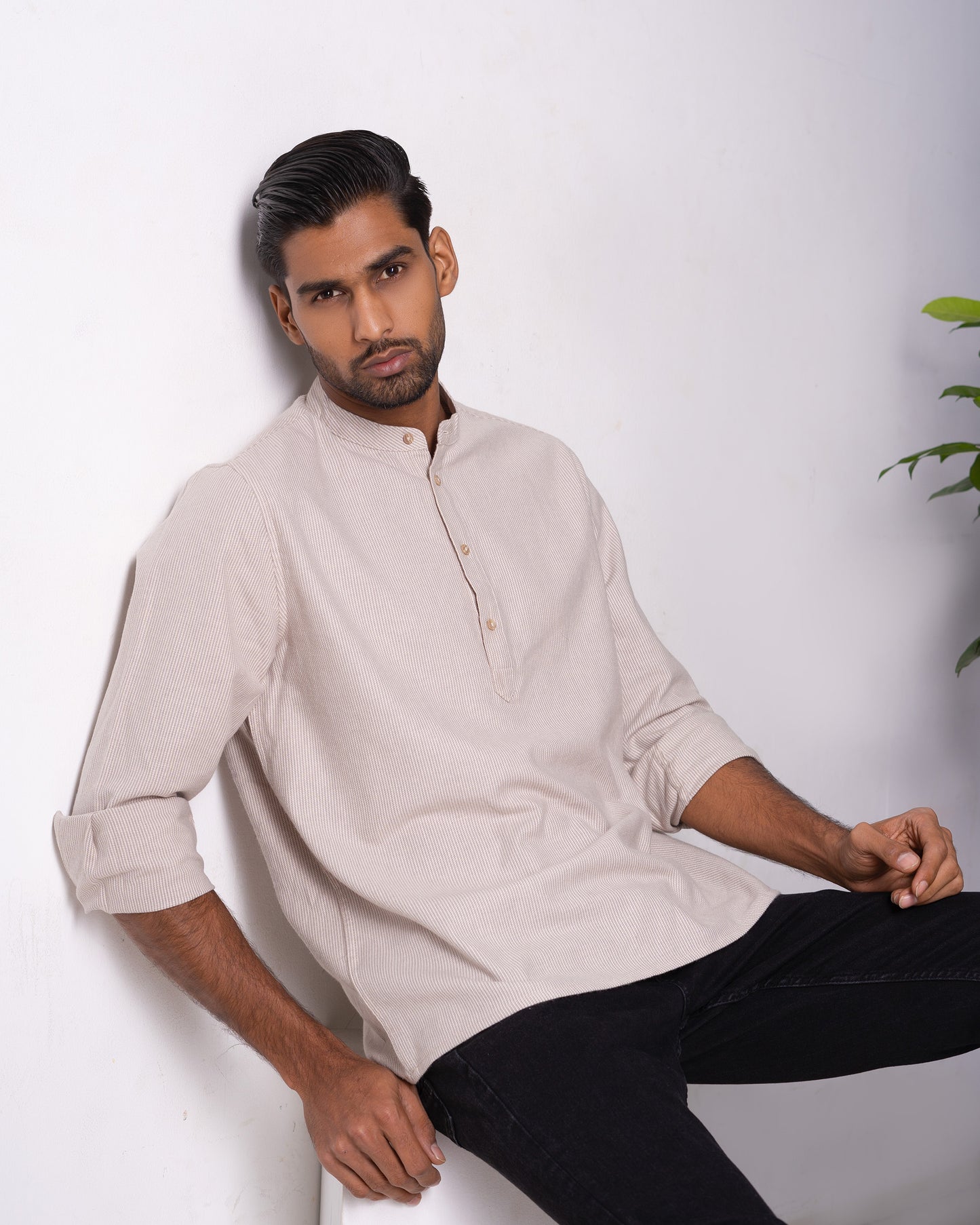 Linen Henley for Men - Sand Stripe