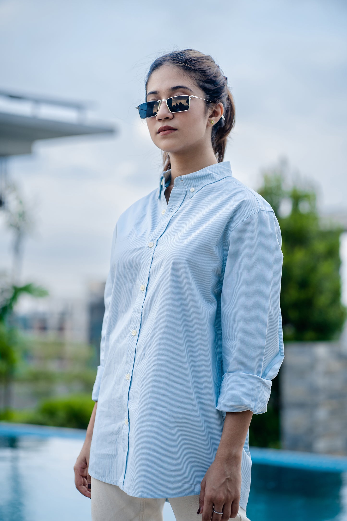 Aqua Stripe - Casual Shirt For Women
