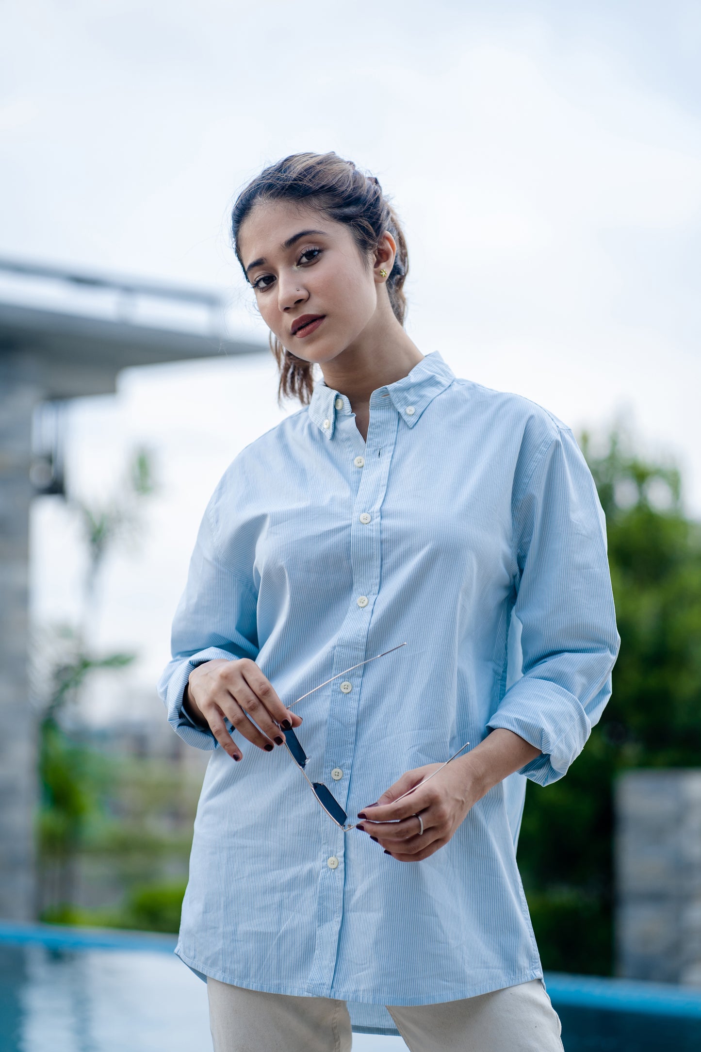 Aqua Stripe - Casual Shirt For Women