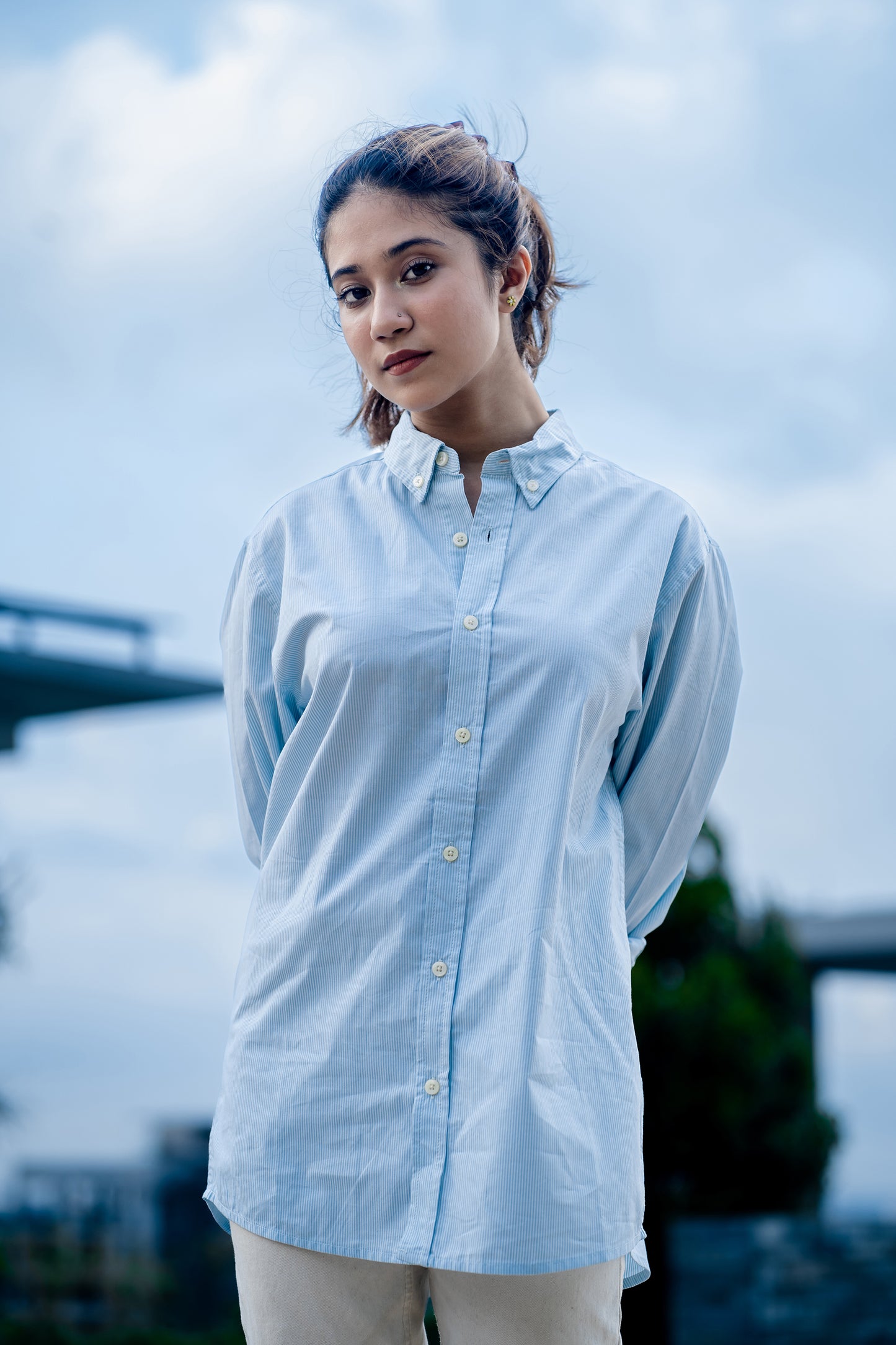 Aqua Stripe - Casual Shirt For Women
