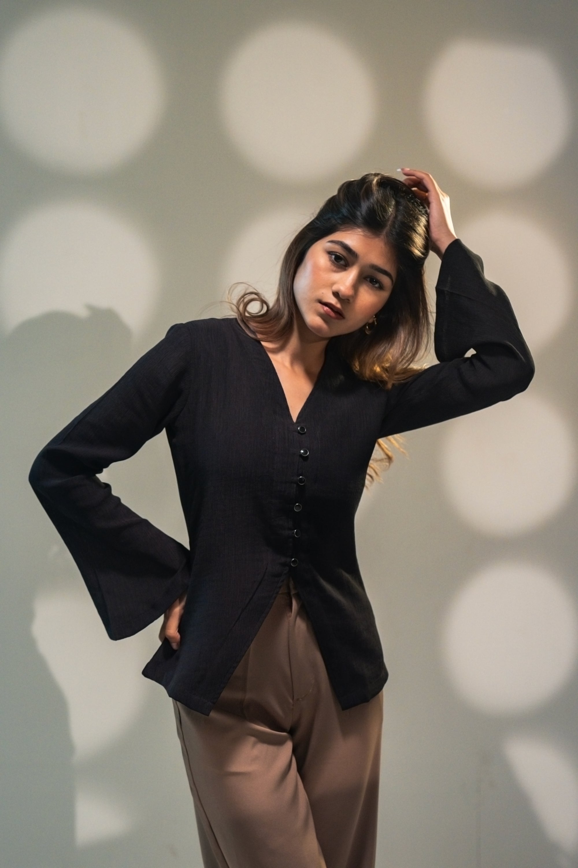 V- Neck Flared Top for Women - Raven