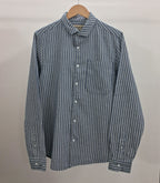 The European Collar - Linen - Long Sleeve Shirt - Navy White Stripe