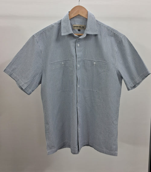 Short-Sleeve Boxy Shirt with Seamless Pockets - Blue White Stripe