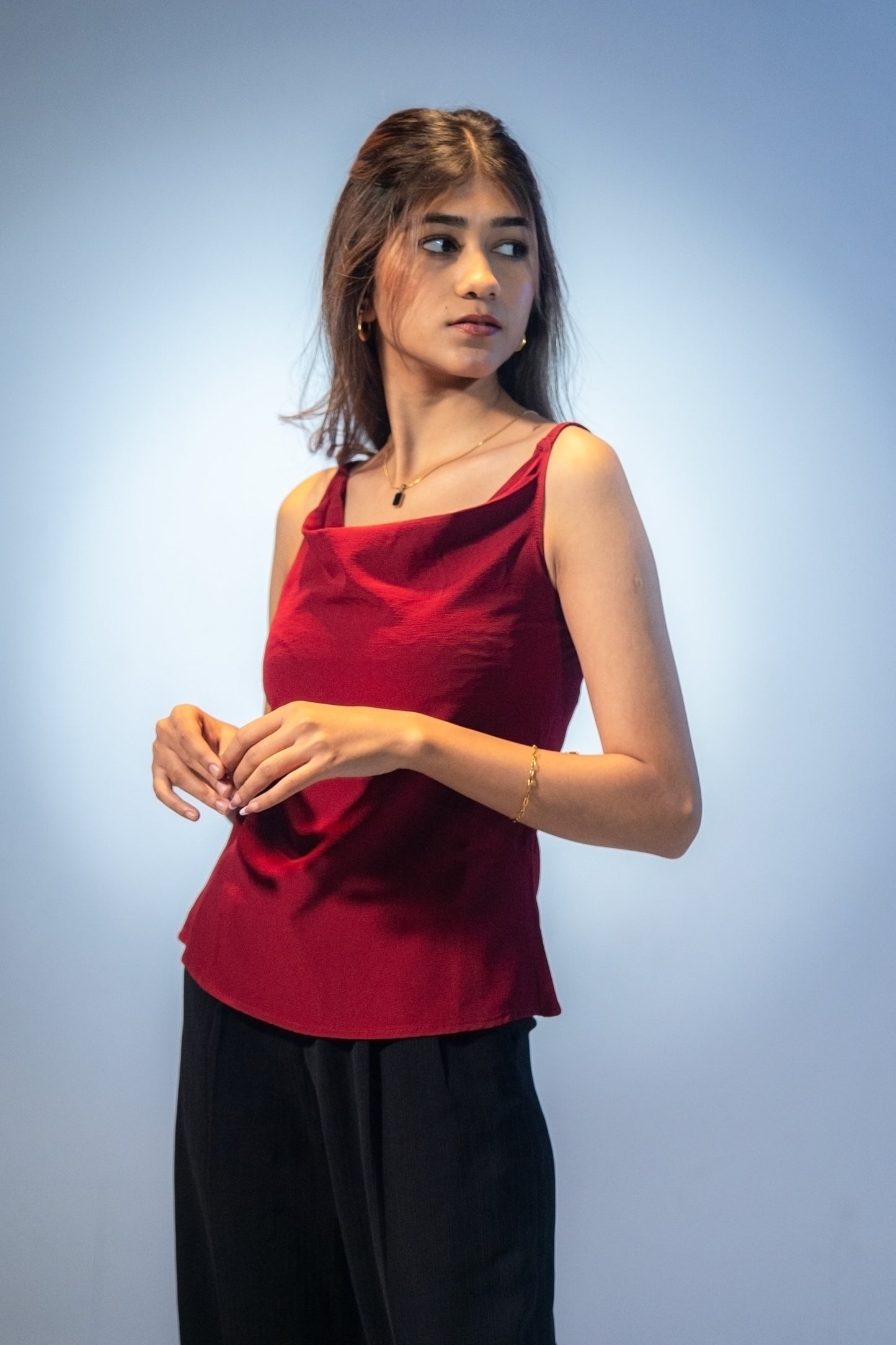 Thin strap Cowl Neck Top- Scarlet