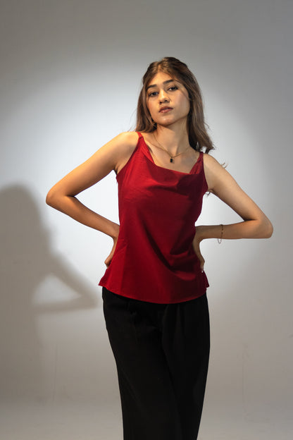 Thin strap Cowl Neck Top- Scarlet