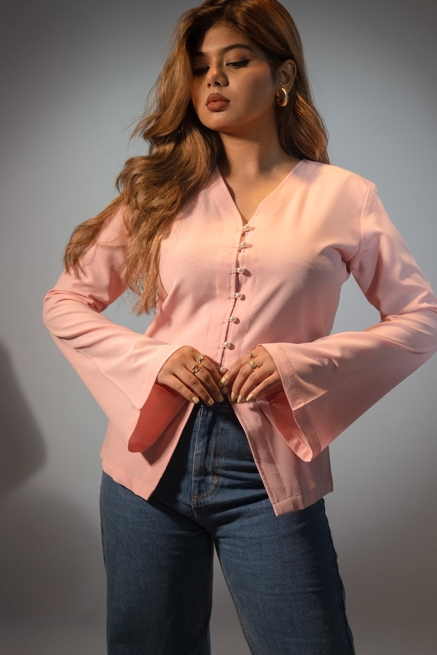 V- Neck Flared Top for Women - Strawberry Cream