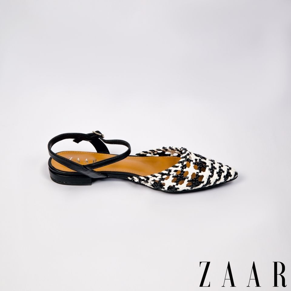 Thin-Block Buckled Flats - Black and White Woven Interlace