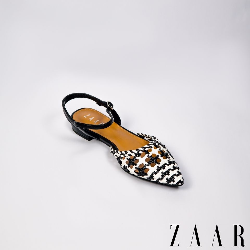 Thin-Block Buckled Flats - Black and White Woven Interlace