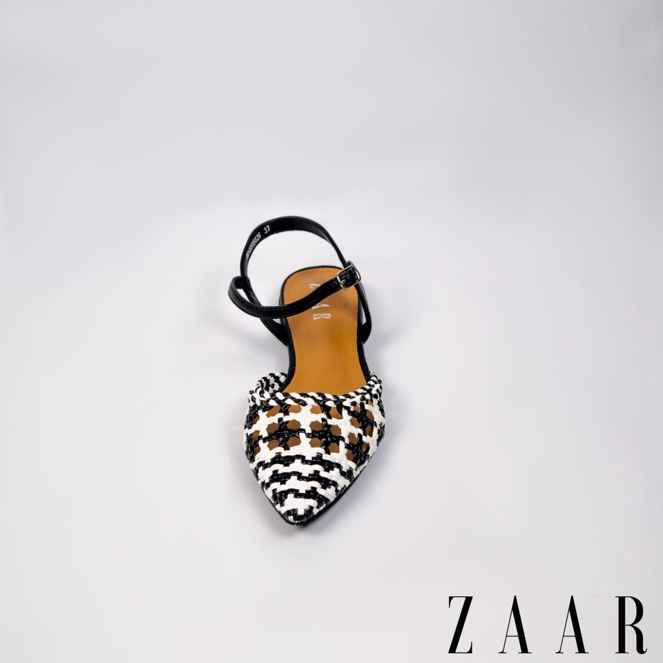Thin-Block Buckled Flats - Black and White Woven Interlace