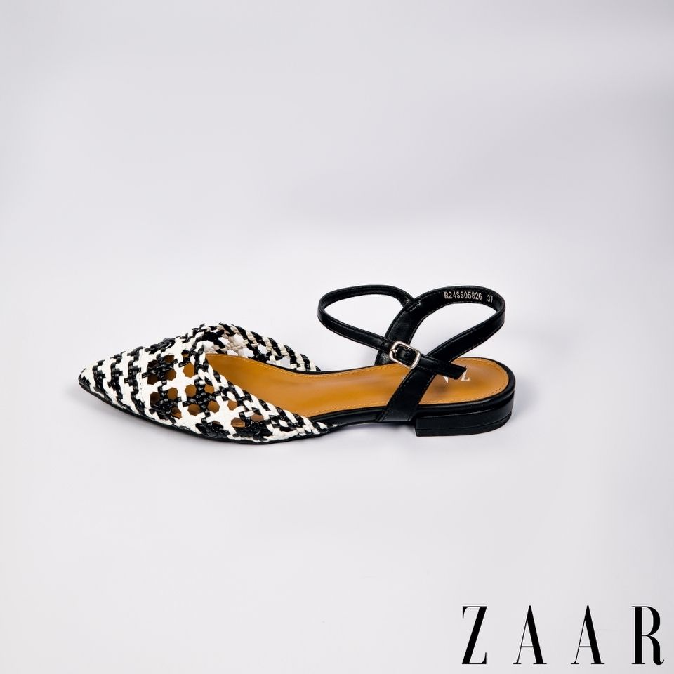 Thin-Block Buckled Flats - Black and White Woven Interlace