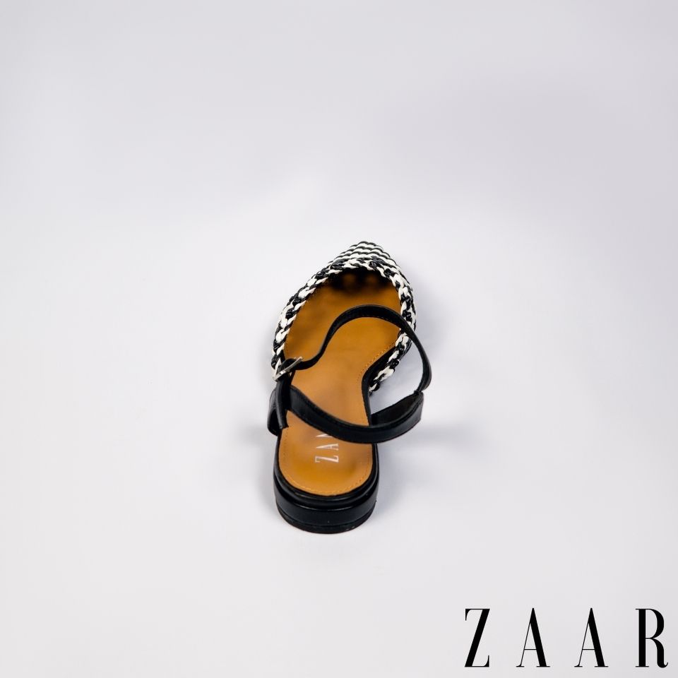 Thin-Block Buckled Flats - Black and White Woven Interlace