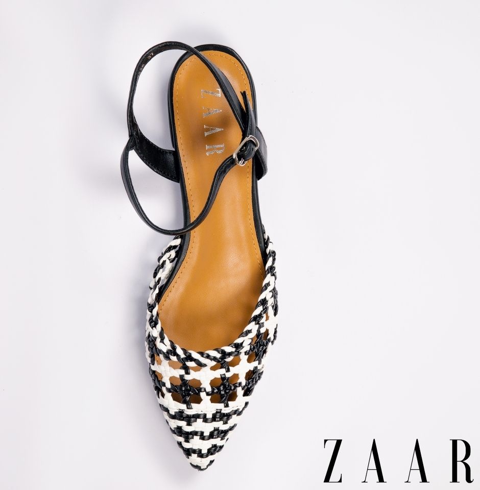 Thin-Block Buckled Flats - Black and White Woven Interlace