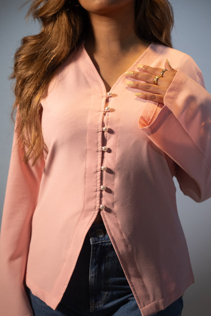 V- Neck Flared Top for Women - Strawberry Cream