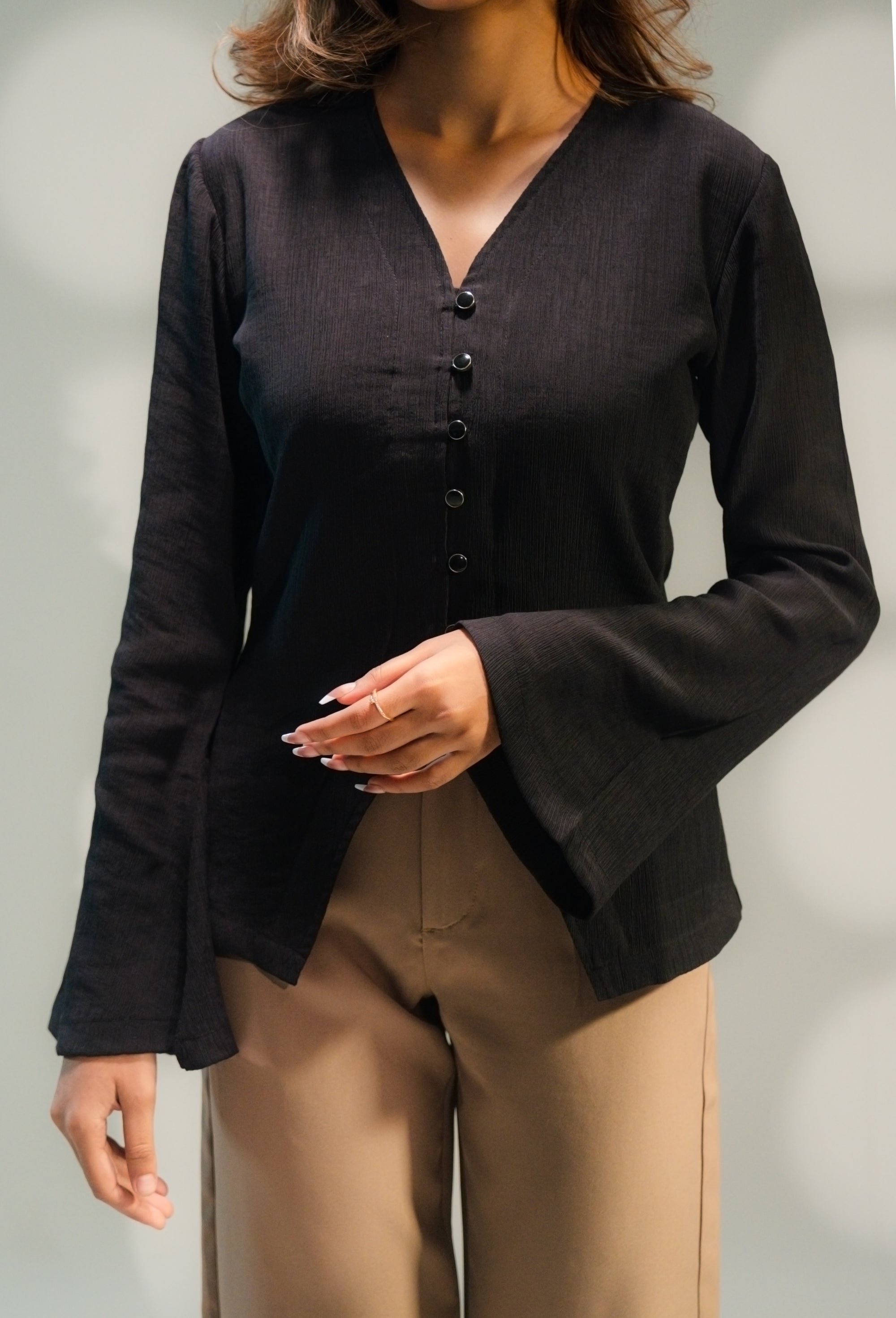V- Neck Flared Top for Women - Raven