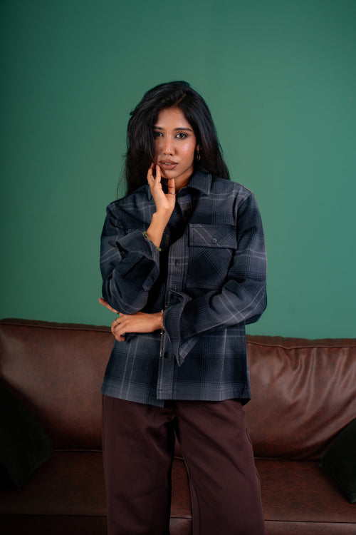 Shacket Flannel Overshirt - Dark Grey Plaid - Dual Pocket - Unisex