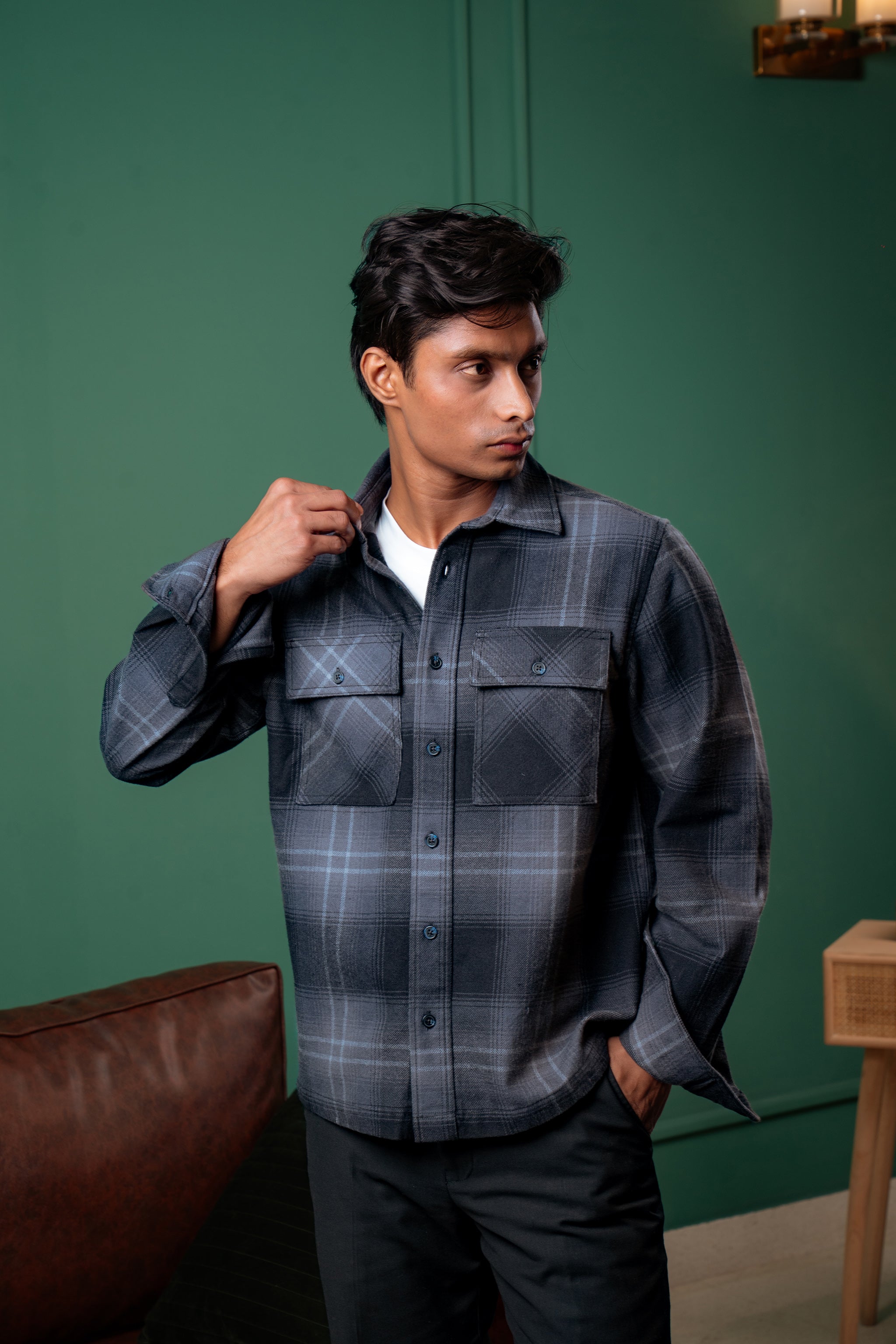 Shacket Flannel Overshirt - Dark Grey Plaid - Dual Pocket - Unisex