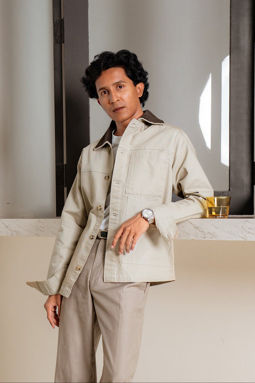Chore Utility Jacket for Men - Beige Body with Dark Brown Contrast Collar