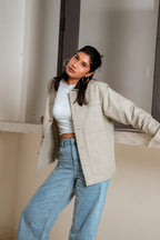 Lightweight Chore Utility Shirt - Beige Body with Dark Brown Contrast Collar - Unisex