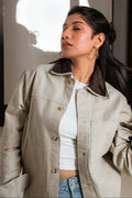 Chore Utility Jacket - Beige Body with Dark Brown Contrast Collar - Unisex