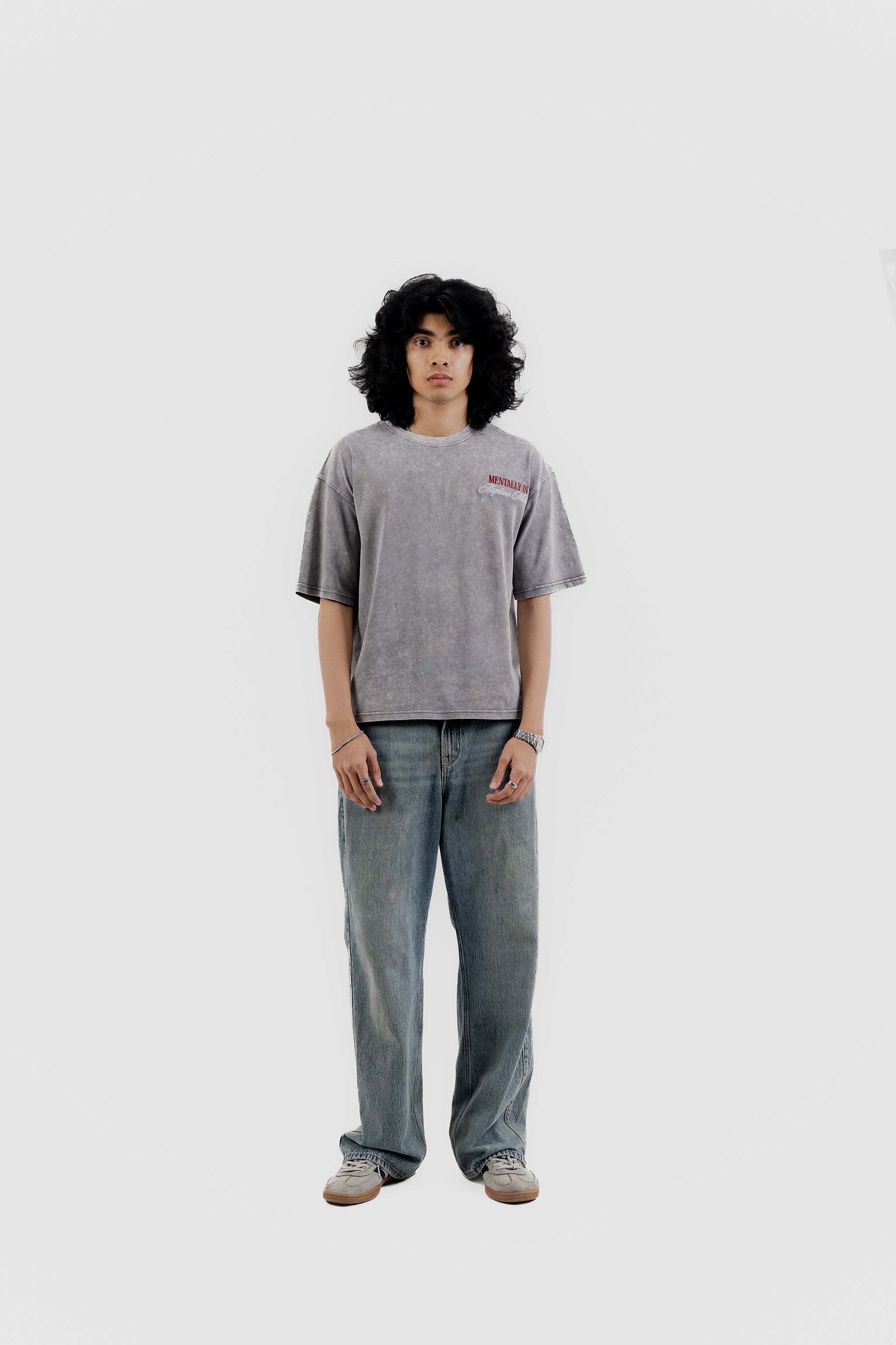 Airplane Mode - Light Grey Acid Wash - Crew Neck - Drop Shoulder T-Shirt for Men