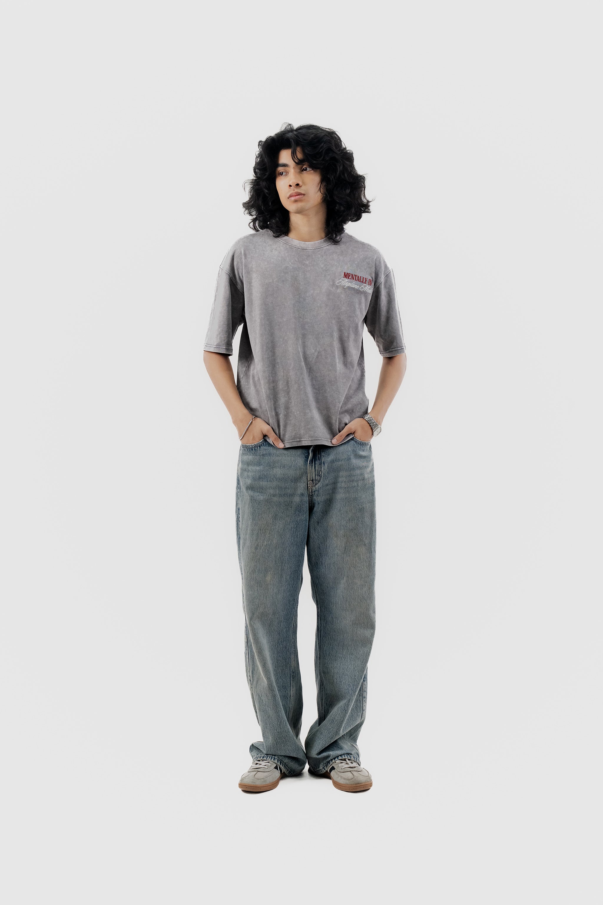 Airplane Mode - Light Grey Acid Wash - Crew Neck - Drop Shoulder T-Shirt for Men