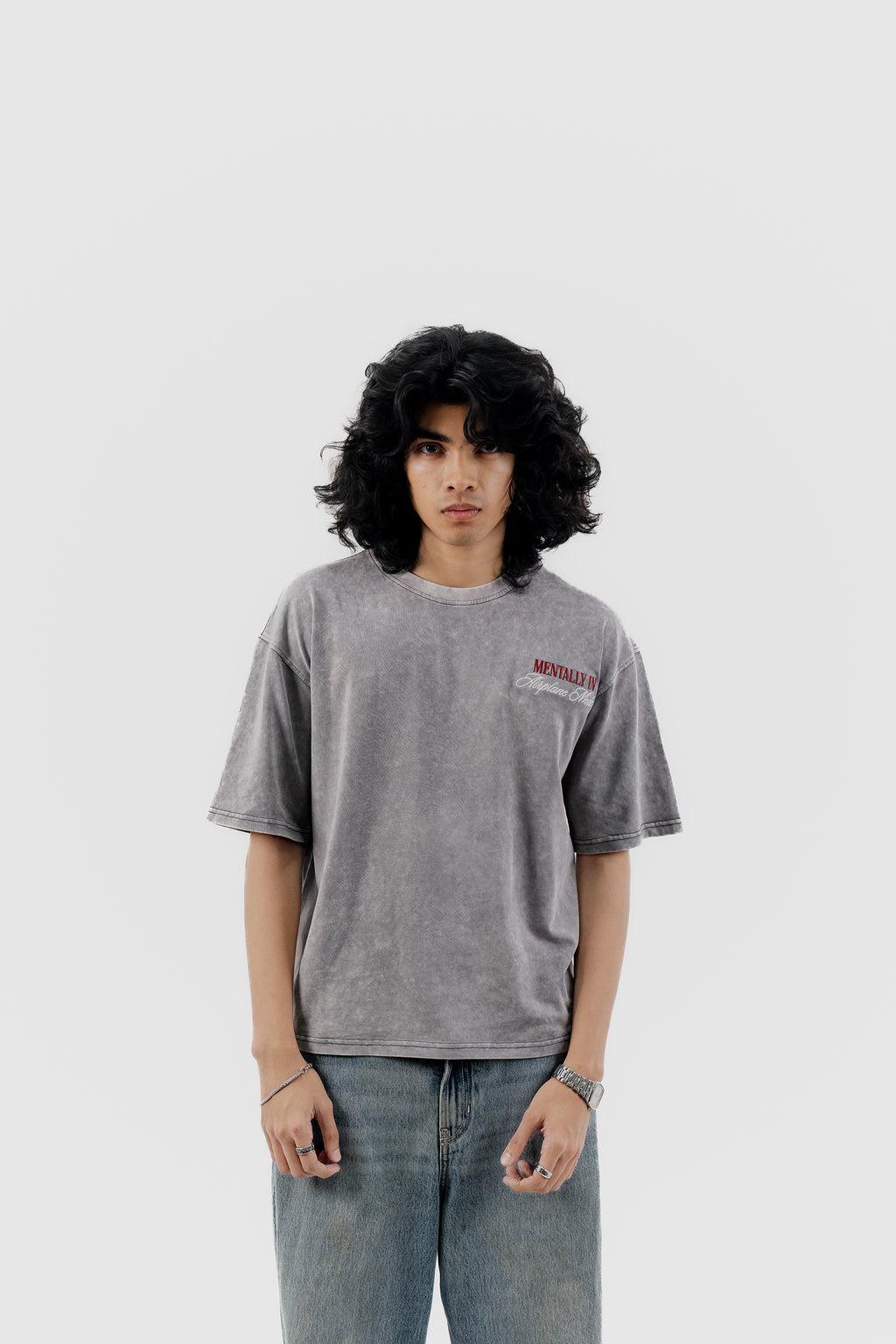 Airplane Mode - Light Grey Acid Wash - Crew Neck - Drop Shoulder T-Shirt for Men