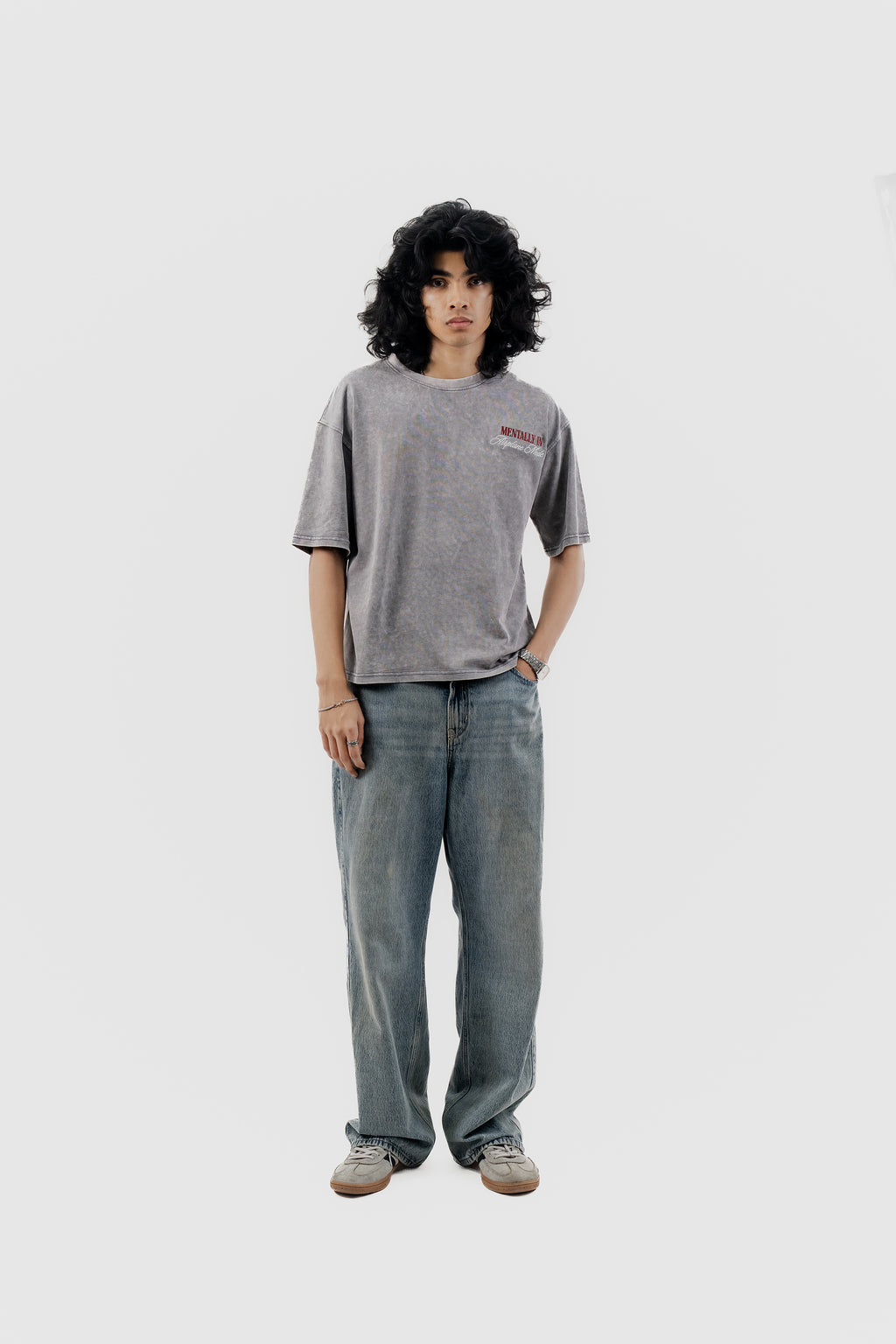 Airplane Mode - Light Grey Acid Wash - Crew Neck - Drop Shoulder T-Shirt for Men