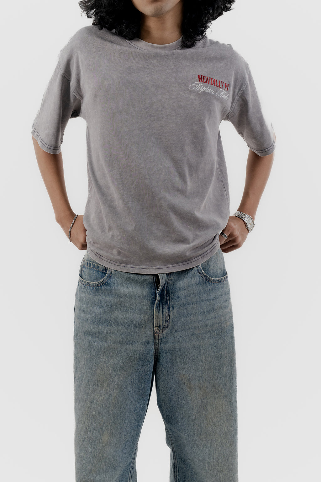 Airplane Mode - Light Grey Acid Wash - Crew Neck - Drop Shoulder T-Shirt for Men