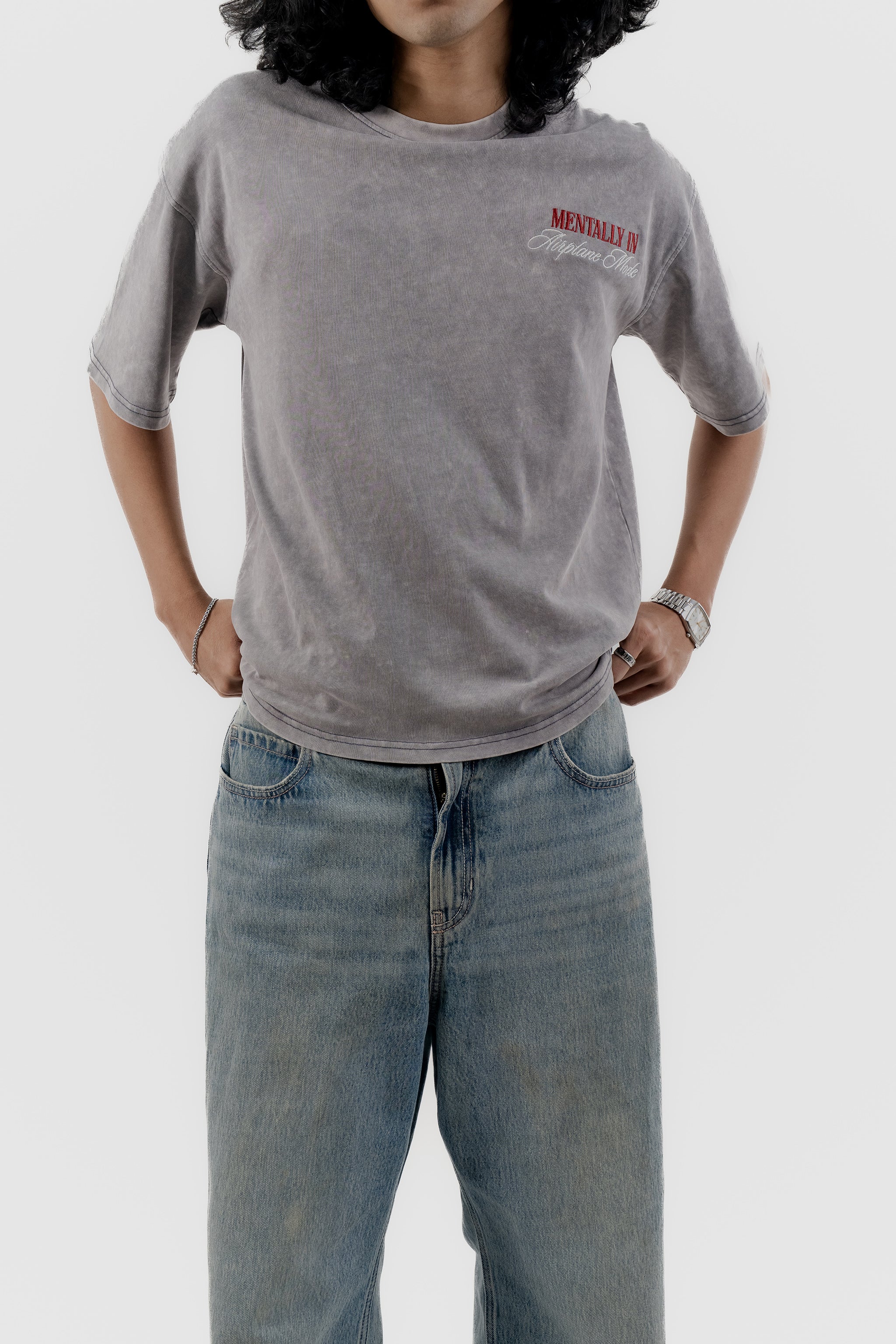 Airplane Mode - Light Grey Acid Wash - Crew Neck - Drop Shoulder T-Shirt for Men