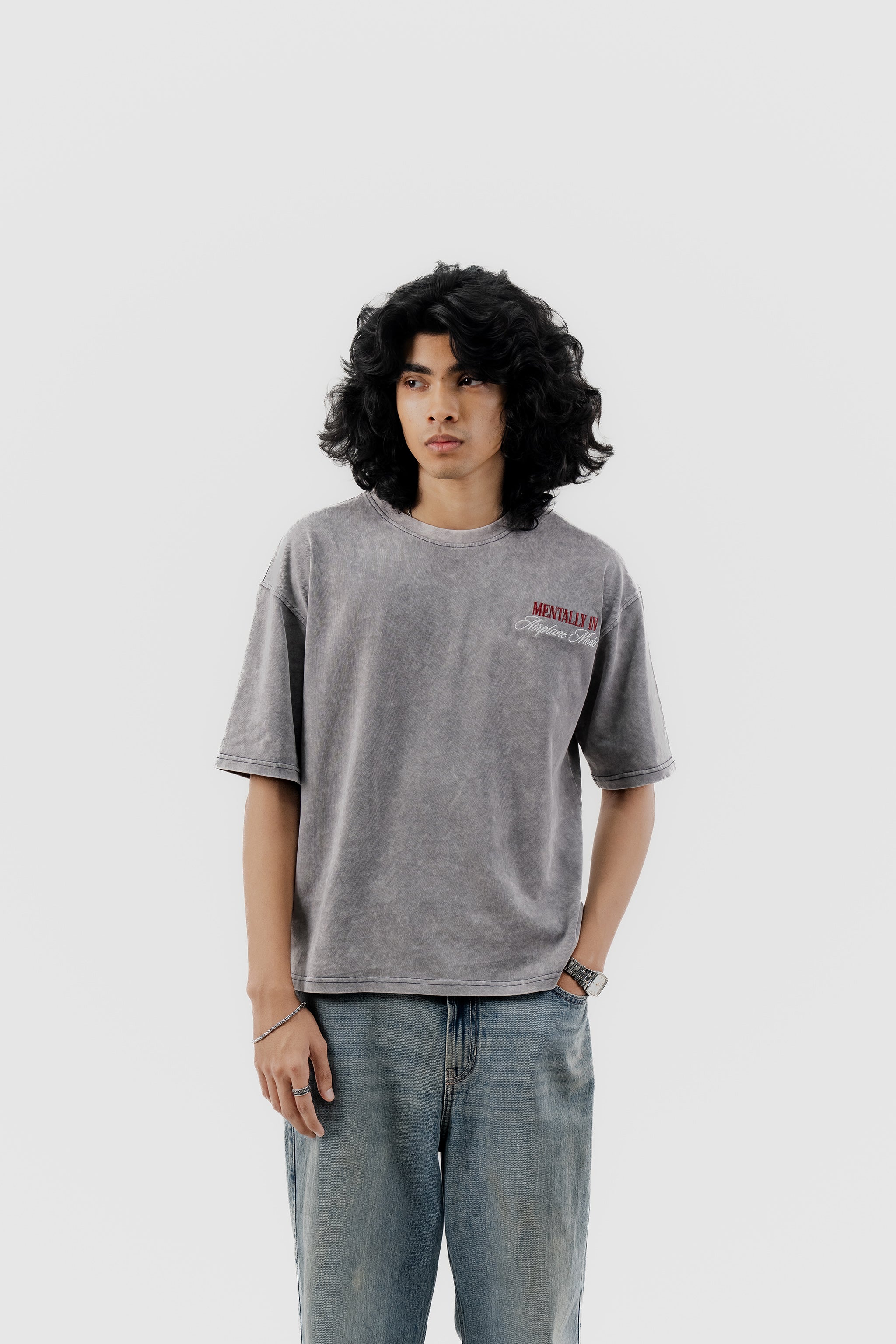Airplane Mode - Light Grey Acid Wash - Crew Neck - Drop Shoulder T-Shirt for Men