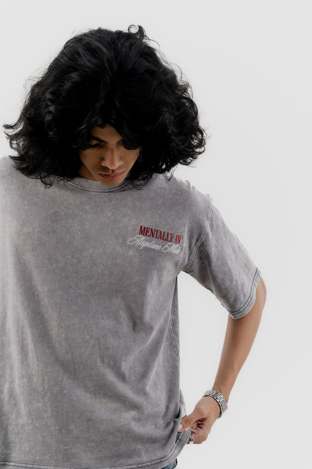 Airplane Mode - Light Grey Acid Wash - Crew Neck - Drop Shoulder T-Shirt for Men