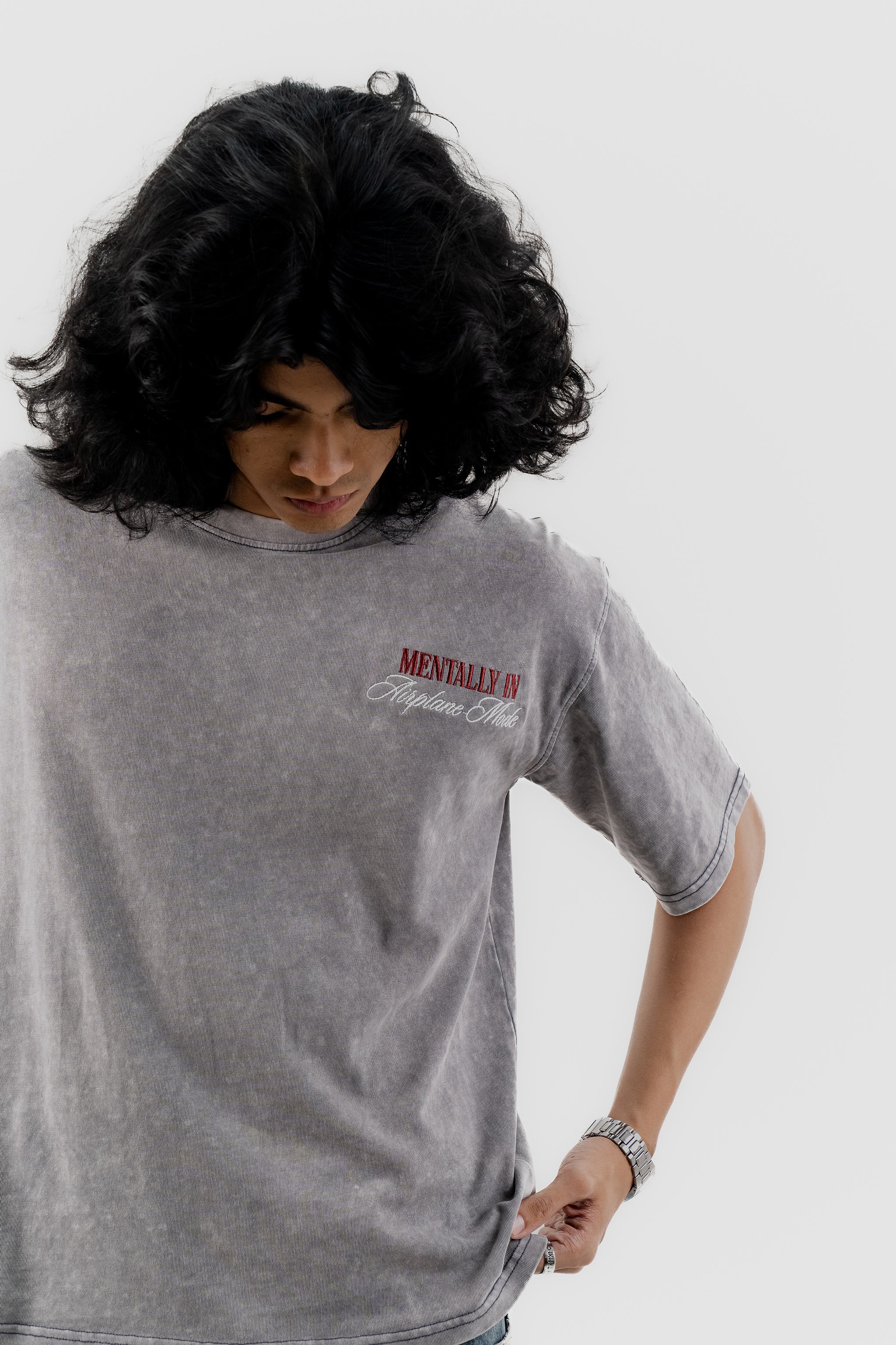 Airplane Mode - Light Grey Acid Wash - Crew Neck - Drop Shoulder T-Shirt for Men