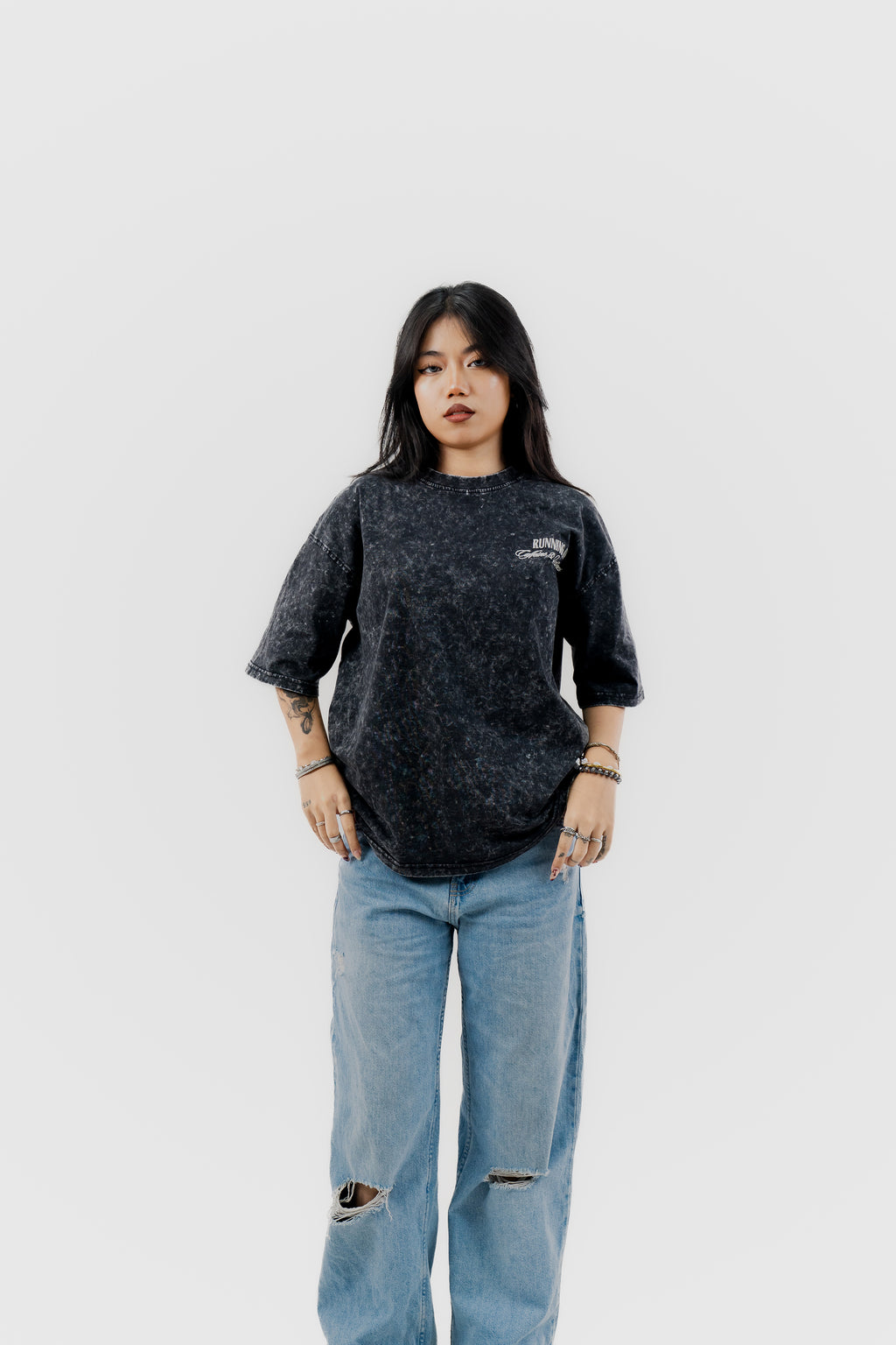 Caffeine and Deadlines - Black Acid Wash - Crew Neck - Drop Shoulder T-Shirt for Women
