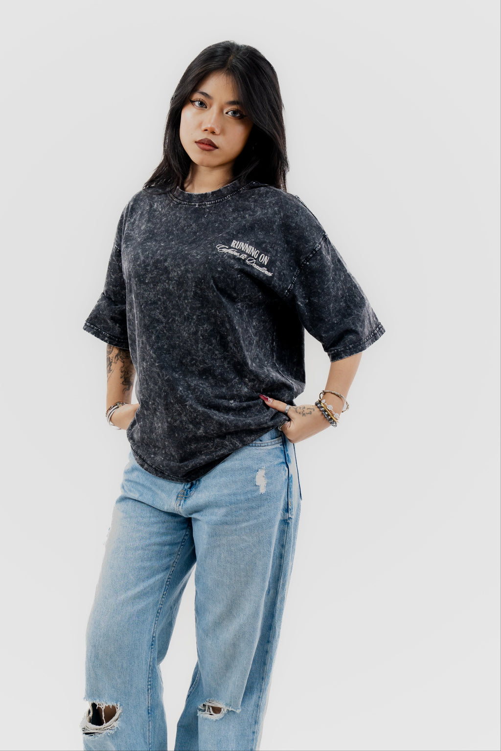 Caffeine and Deadlines - Black Acid Wash - Crew Neck - Drop Shoulder T-Shirt for Women