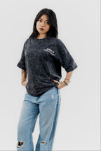 Caffeine and Deadlines - Black Acid Wash - Crew Neck - Drop Shoulder T-Shirt for Women