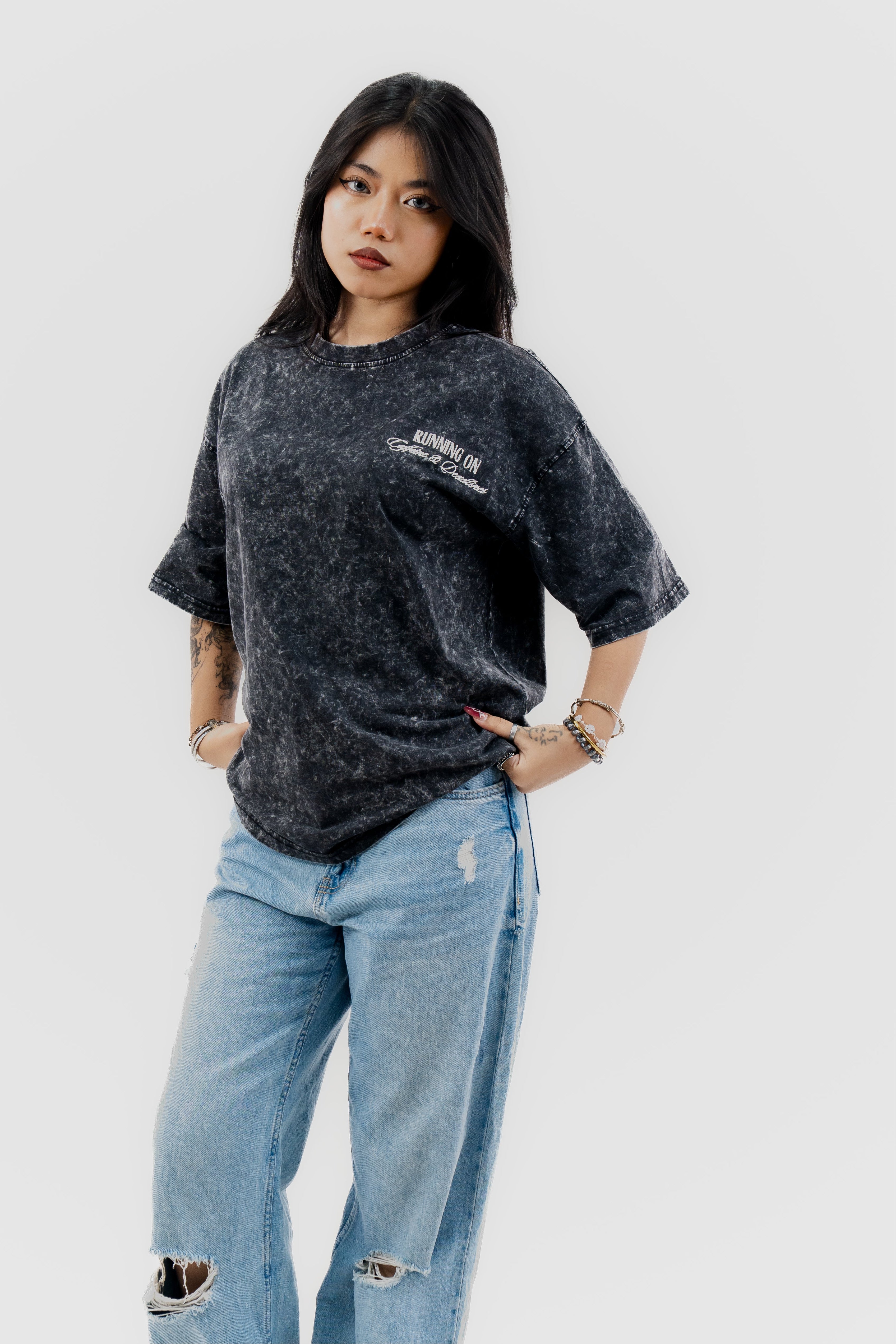 Caffeine and Deadlines - Black Acid Wash - Crew Neck - Drop Shoulder T-Shirt for Women
