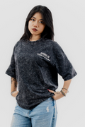 Caffeine and Deadlines - Black Acid Wash - Crew Neck - Drop Shoulder T-Shirt for Women