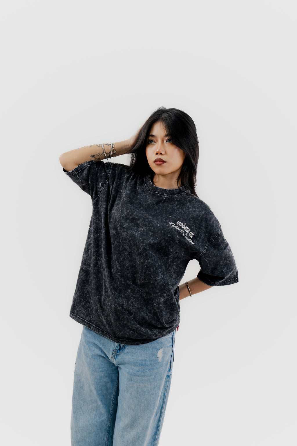 Caffeine and Deadlines - Black Acid Wash - Crew Neck - Drop Shoulder T-Shirt for Women