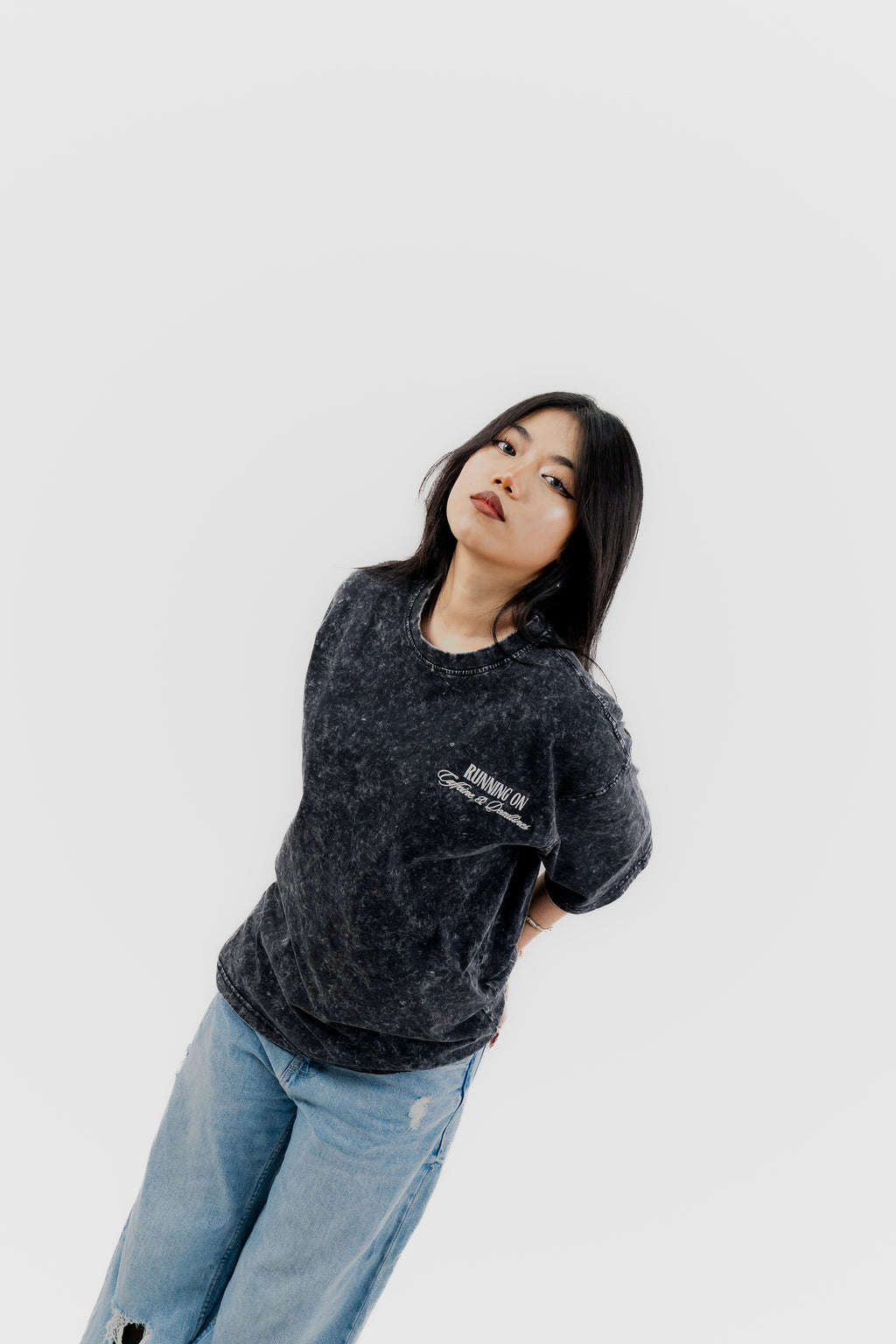 Caffeine and Deadlines - Black Acid Wash - Crew Neck - Drop Shoulder T-Shirt for Women